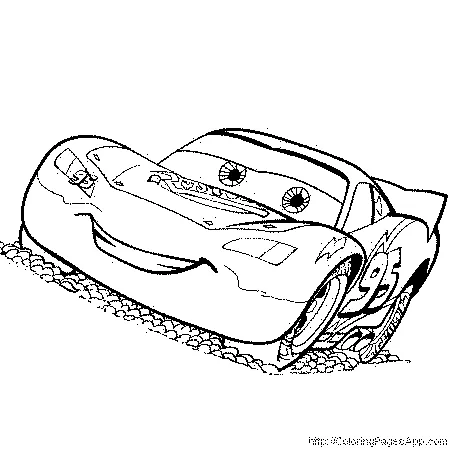 Coloriage Cars : Flash McQueen souriant et conduisant sur un chemin de terre