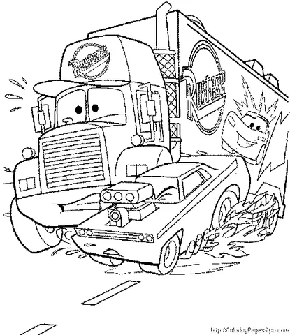 Coloriage Cars : Mack le camion et une voiture de course roulant vite sur une route