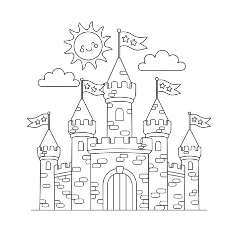 Castle coloring page: a cute castle with five towers and flags, under a smiling sun and clouds