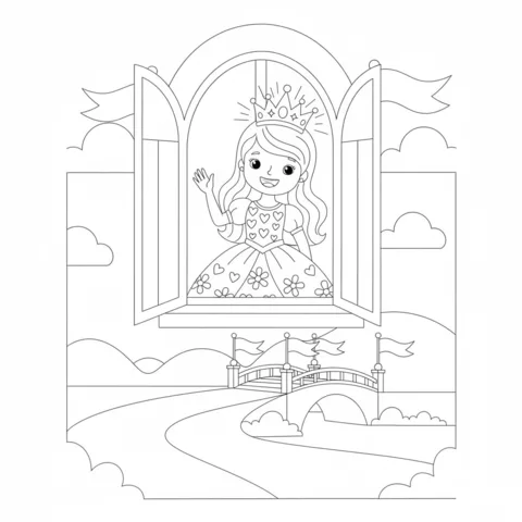 Castle coloring page: a princess waving from a castle window, with a bridge and road below