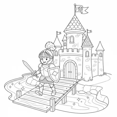 Castle coloring page: a knight in armor with sword and shield, walking on a wooden pier by a castle