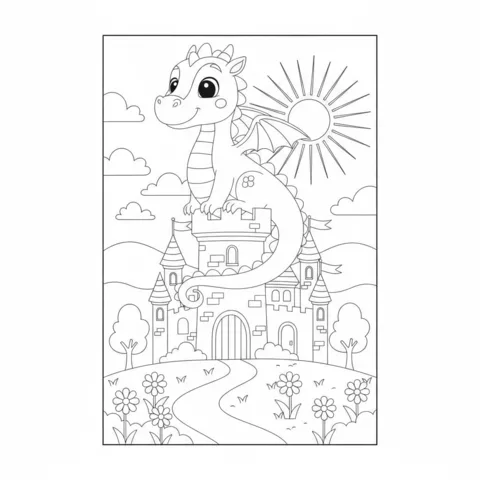 Castle coloring page: a cute baby dragon sitting on top of a castle, with a path and flowers