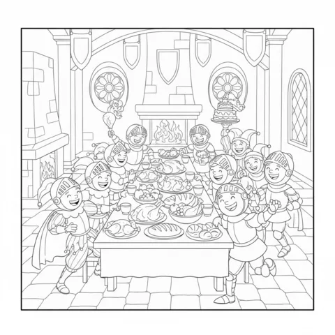 Castle coloring page: a group of happy knights and jesters feasting at a long table in a castle hall