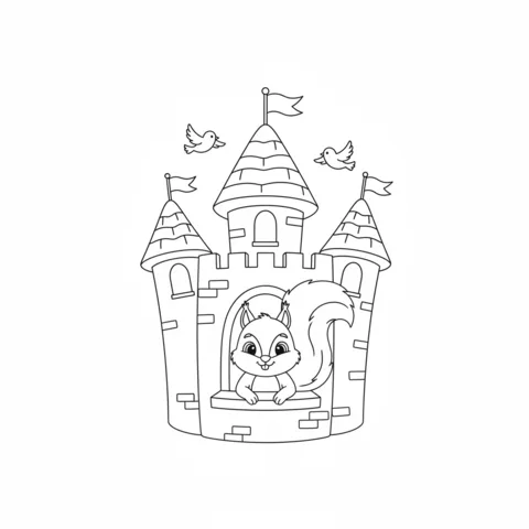 Castle coloring page: a cute squirrel looking out from a castle window, with two birds flying above