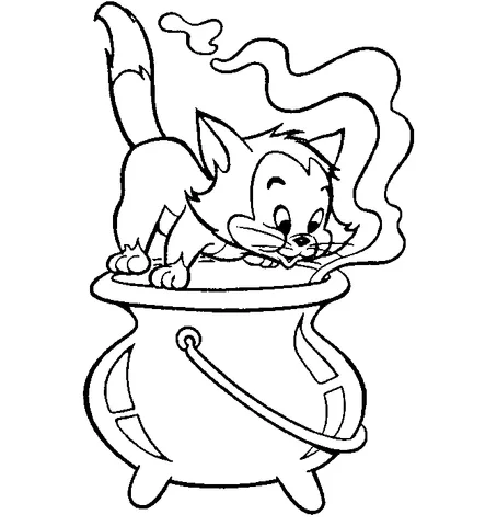 Disegno di gatto da colorare: un piccolo gatto che guarda in un calderone fumante con un'espressione curiosa