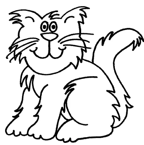 Disegno di gatto da colorare: un gatto soffice e sorridente con grandi baffi seduto e che guarda avanti