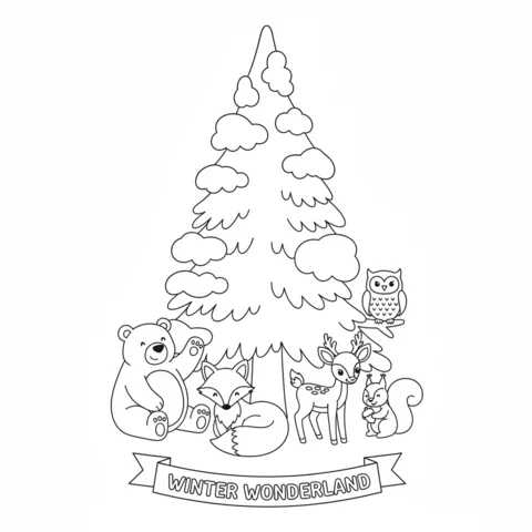 Ausmalbild Weihnachtsbaum: ein hoher Tannenbaum mit Schnee und Waldtieren, darunter ein Bär und ein Hirsch