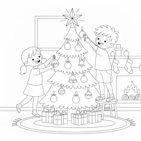 Ausmalbild Weihnachtsbaum: zwei Kinder schmücken einen Weihnachtsbaum mit Ornamenten und Geschenken darum herum