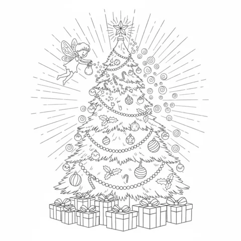 Ausmalbild Weihnachtsbaum: eine Fee fliegt und schmückt einen Weihnachtsbaum mit Ornamenten und Geschenken darunter