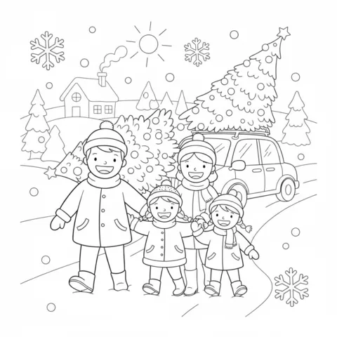 Ausmalbild Weihnachtsbaum: eine Familie geht im Schnee mit einem Auto, das einen Weihnachtsbaum transportiert