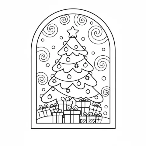 Ausmalbild Weihnachtsbaum: ein geschmückter Weihnachtsbaum mit Geschenken darunter, umrahmt von einem Bogen