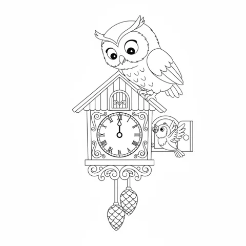 Dibujo de reloj para colorear: niños jugando frente a una torre de reloj sonriente en un pueblo pequeño