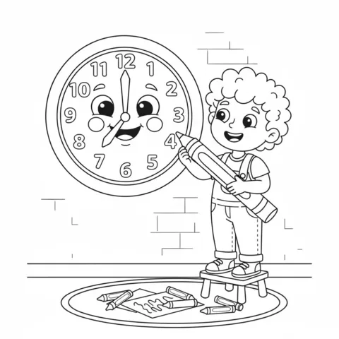 Dibujo de reloj para colorear: un reloj de cuco con un pájaro y dos búhos en un bosque caprichoso