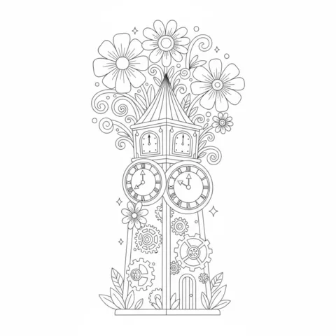 Dibujo de reloj para colorear: un jardín con flores, abejas y un reloj de sol bajo un sol sonriente