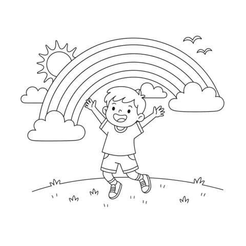 Desenho de Cores para colorir: um menino feliz pulando sob um arco-íris com nuvens e sol