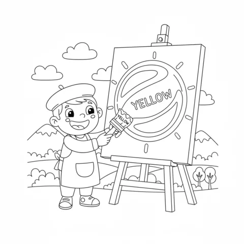Desenho de Cores para colorir: um jovem artista pintando a palavra "YELLOW" em um cavalete ao ar livre