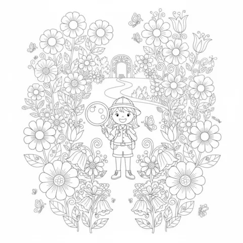 Desenho de Cores para colorir: uma menina exploradora com uma lupa em um jardim de flores e borboletas