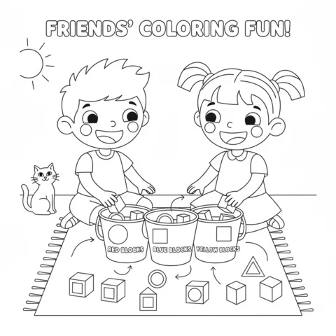 Desenho de Cores para colorir: duas crianças separando blocos vermelhos, azuis e amarelos em baldes com um gato por perto