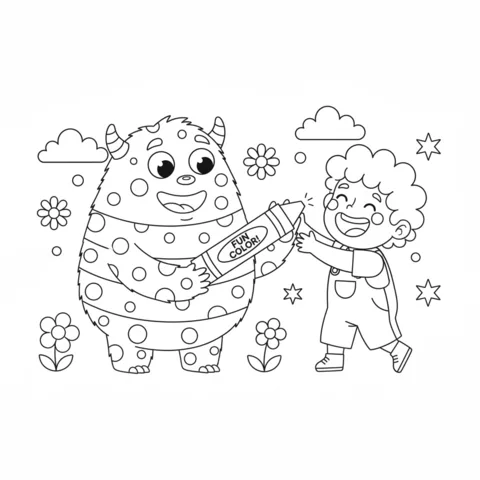 Desenho de Cores para colorir: um monstro feliz e um menino segurando um giz de cera gigante juntos em um campo de flores