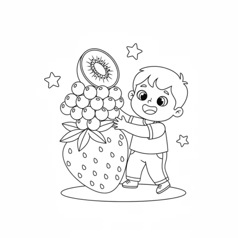 Desenho de Cores para colorir: um menino abraçando um morango gigante, mirtilos e uma fatia de kiwi