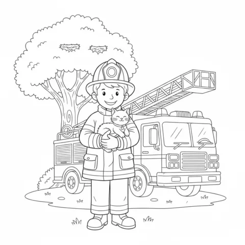 Firefighter coloring page: a firefighter on a tree branch holding a cat, with a fire truck below