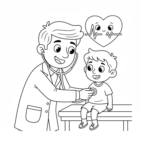 Doctor coloring page: a boy doctor examining a teddy bear with a stethoscope, a girl watching