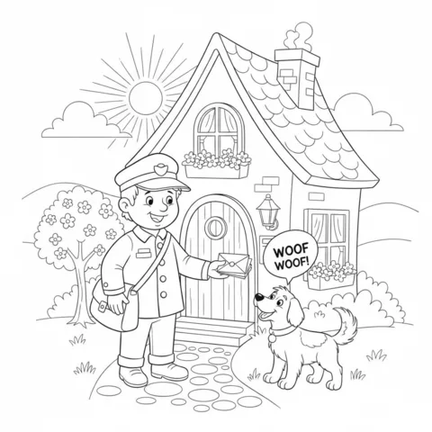 Mailman coloring page: a mailman delivering a wrapped gift to a small dog in front of a house