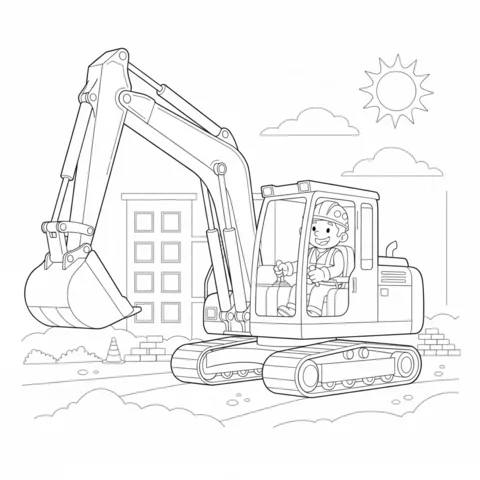 Construction worker coloring page: a construction worker in an excavator giving a thumbs-up at a site