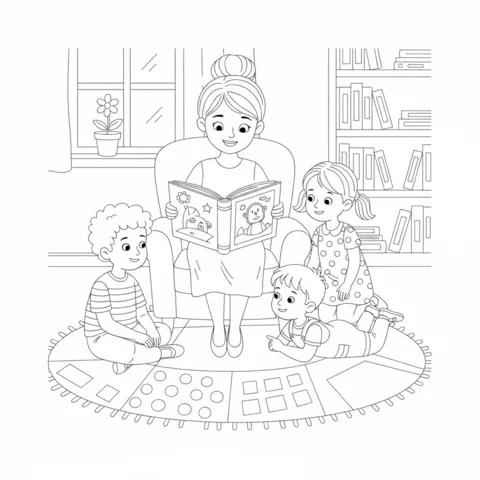Baker coloring page: a baker decorating a giant cupcake with frosting in a bakery
