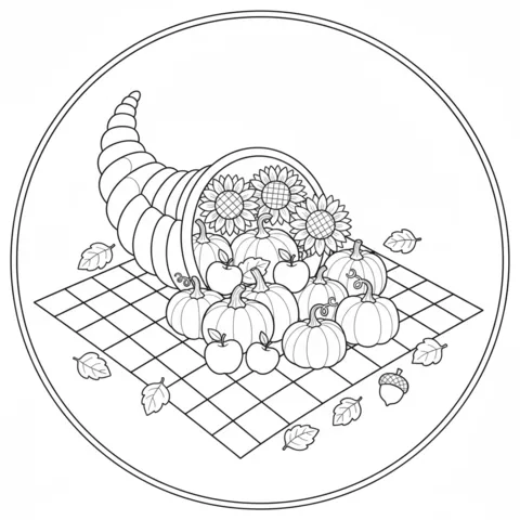 Cornucopia coloring page: a cornucopia overflowing with pumpkins, apples, and sunflowers on a checkered cloth