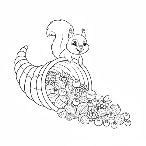 Cornucopia coloring page: a happy squirrel sitting on a cornucopia spilling nuts and berries