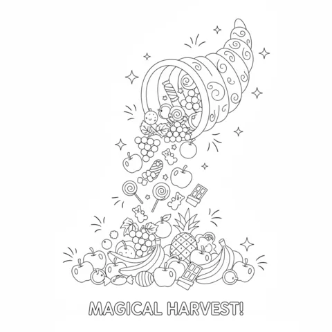 Cornucopia coloring page: a magical cornucopia overflowing with fruits, lollipops, and candy with sparkles