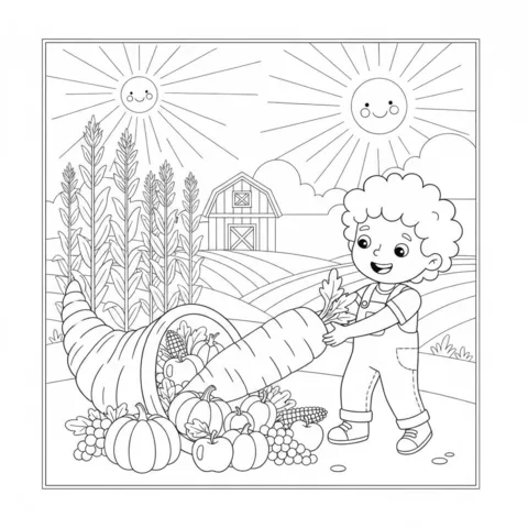 Cornucopia coloring page: a boy pulling a giant carrot from a cornucopia on a farm with two suns