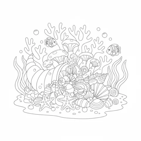 Cornucopia coloring page: an underwater cornucopia overflowing with seashells, starfish, and coral with fish