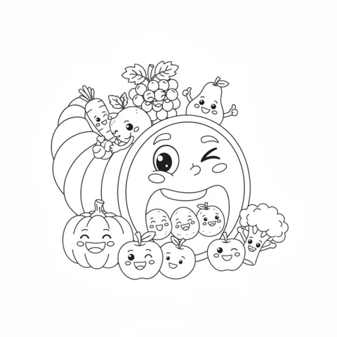 Cornucopia coloring page: a winking cornucopia with smiling fruits and vegetables around it