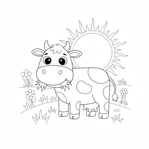 Desenho de vaca para colorir: uma vaca feliz comendo grama em um campo com flores e um sol