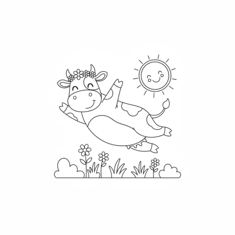 Desenho de vaca para colorir: uma vaca voadora com uma coroa de flores, acima de um campo com um sol sorridente