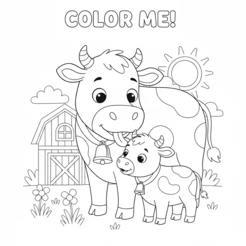 Desenho de vaca para colorir: uma vaca mãe lambendo seu bezerro, em pé na frente de um celeiro