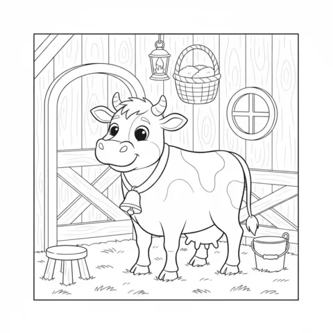 Desenho de vaca para colorir: uma vaca com um sino no pescoço, em pé dentro de um celeiro