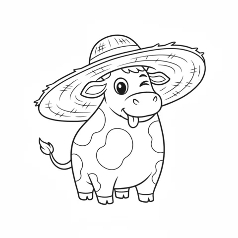 Desenho de vaca para colorir: uma vaca piscando, usando um grande chapéu de palha e mostrando a língua