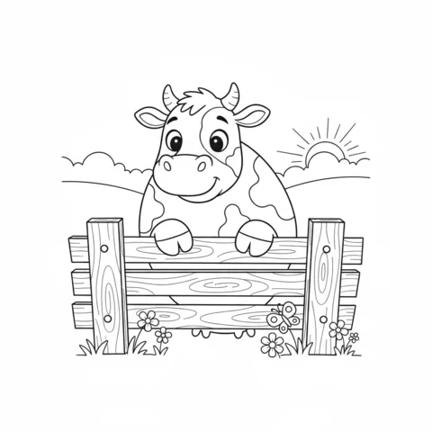 Desenho de vaca para colorir: uma vaca espreitando por cima de uma cerca de madeira em um campo com flores e uma borboleta