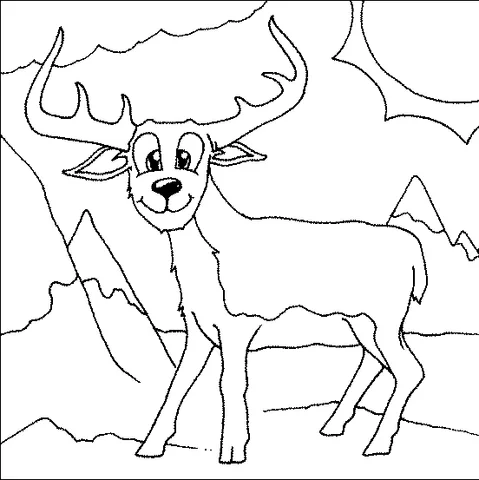 Dibujo de Ciervo para colorear: un ciervo de dibujos animados feliz con grandes astas en un paisaje montañoso