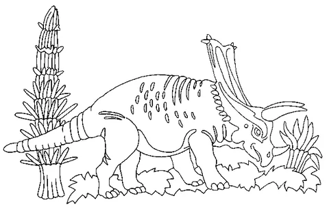 Dinosaur coloring page: a ceratopsian dinosaur with a large neck frill eating plants