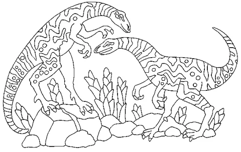 Dinosaur coloring page: two raptor-like dinosaurs standing among rocks and plants