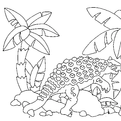 Dinosaur coloring page: an ankylosaurus dinosaur with a bumpy shell walking among palm trees