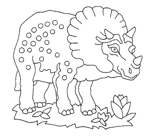 Dinosaur coloring page: a triceratops dinosaur standing in a grassy field with a flower