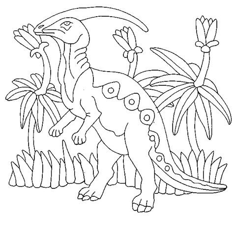 Dinosaur coloring page: a parasaurolophus dinosaur standing among tropical plants and flowers