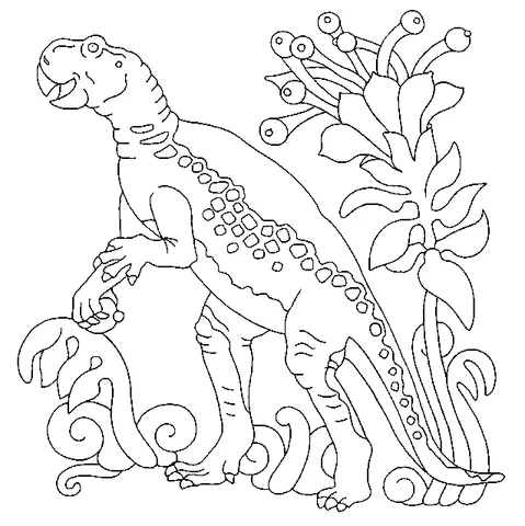 Dinosaur coloring page: a hadrosaur dinosaur standing on two legs next to large exotic plants