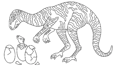 Dinosaur coloring page: a large dinosaur looking down at a newly hatched baby dinosaur and eggs