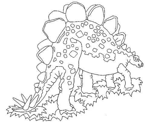 Dinosaur coloring page: a stegosaurus dinosaur with plates on its back walking through tall grass